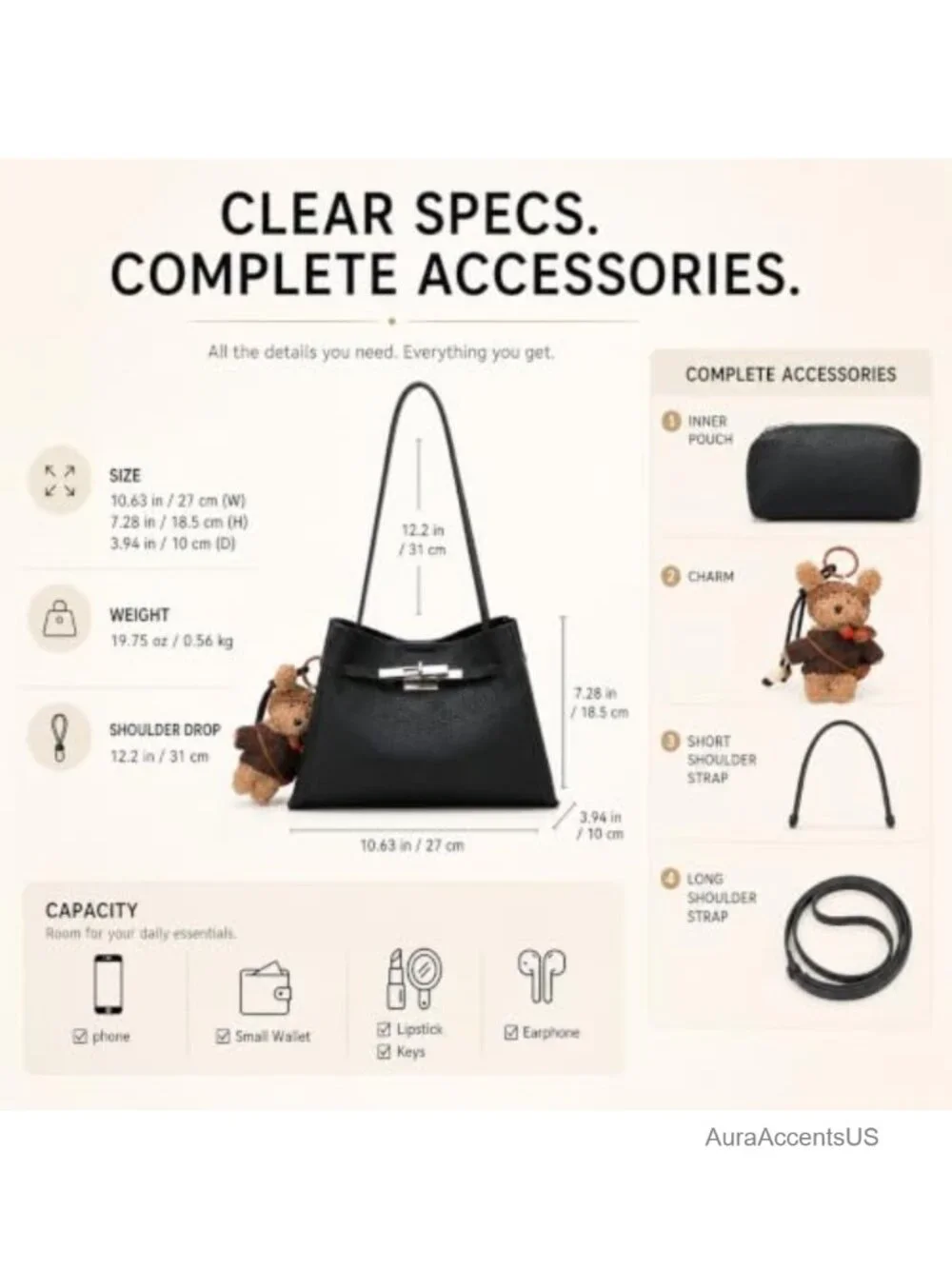 Women's Pebbled PU Leather Tote Bag Set with Lock and Pouch